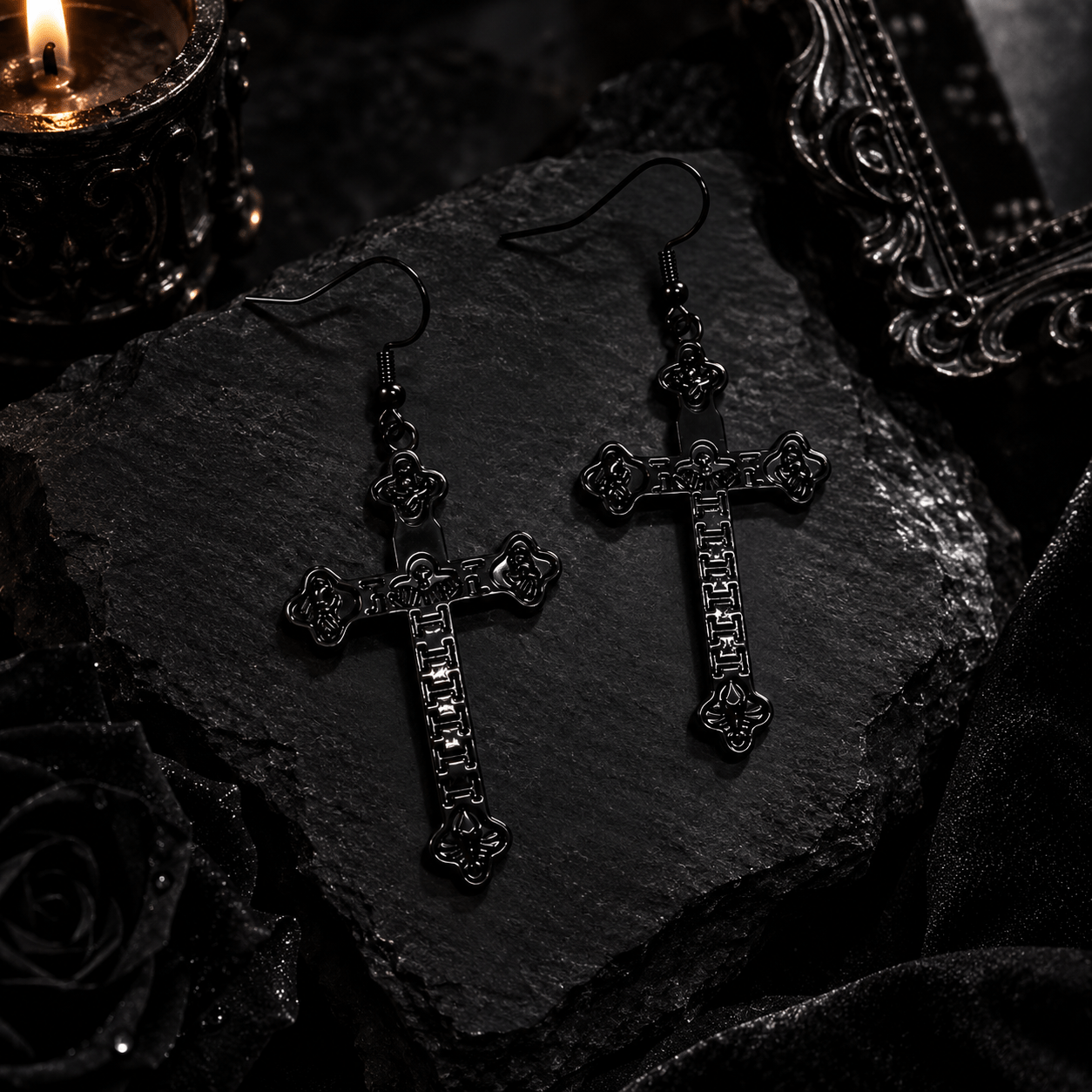 Black Cross Gothic Alloy Drop Earrings for Women